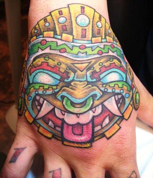 Colored Aztec Tattoo On Right Hand