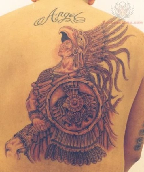 Aztec Warrior Grey Ink Tattoo On Back