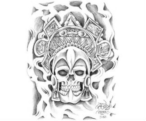 Aztec Skull In Flames Tattoo Design