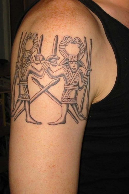 Grey Ink Aztec Tattoo On Right Shoulder