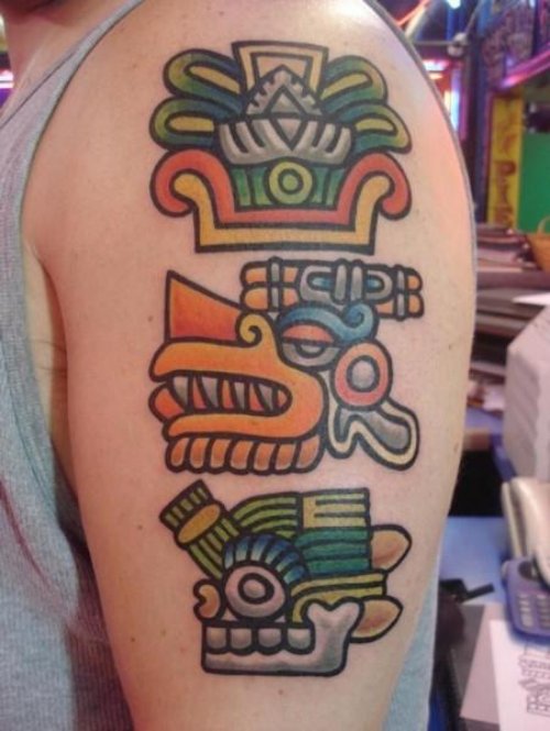 Awesome Colored Aztec Tattoo On Half Sleeve