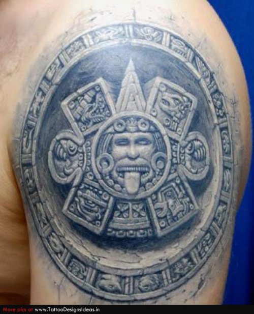 Aztec Grey Ink Tattoo On Left Shoulder