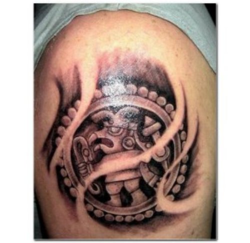 Grey ink Aztec Tattoo On Shoulder