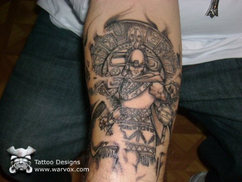 Grey Ink Aztec Warrior Tattoo On Forearm