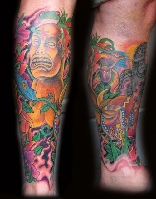 Colored Aztec Tattoo On Sleeve
