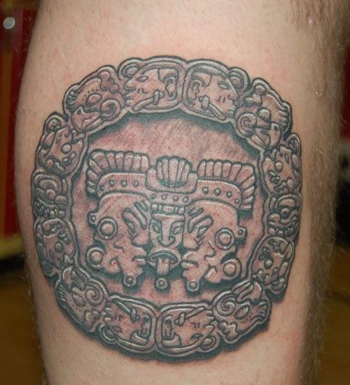 Amazing Grey Ink Aztec Tattoos On Leg