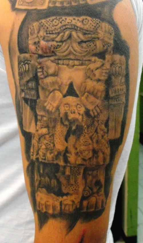 Left Half Sleeve Grey Ink Aztec Tattoo
