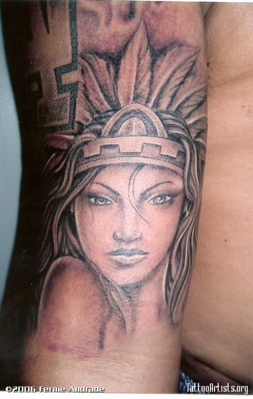 Awful Aztec Girl Head Tattoo On Half Sleeve