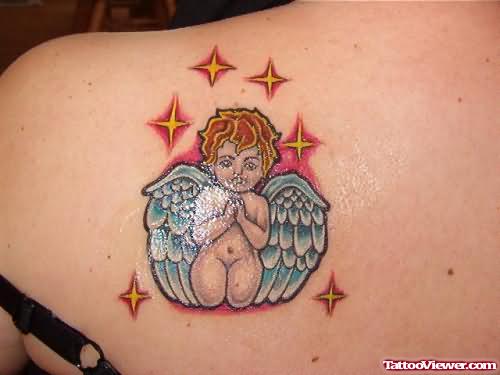Praying Baby Angel Tattoo On Left Back Shoulder