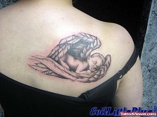 Grey Ink Baby Angel Tattoo On Right Back Shoulder