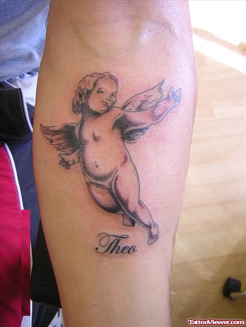 Grey Ink Baby Angel Tattoo On Left Arm