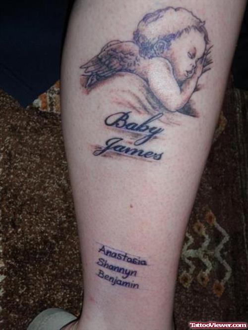 Baby James Cherub Angel Tattoo On Leg