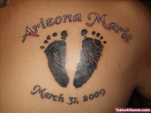 Memorial Baby Footprint Tattoo On Right Back Shoulder