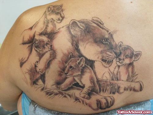 Grey Ink Lion Mother And Baby Tattoo On Back