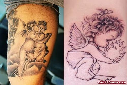 Grey Ink Baby Angels Tattoos On Bicep