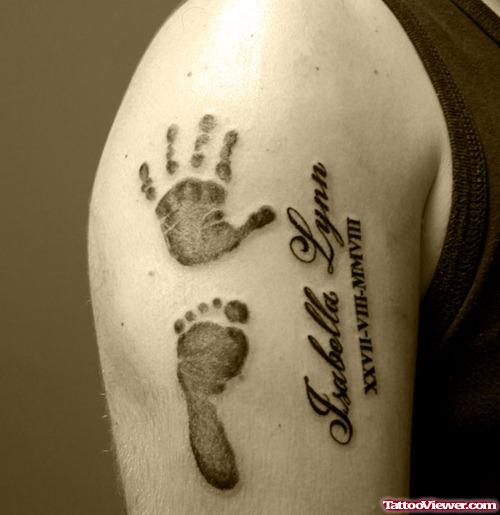 Baby Hand and Feet Print Tattoo On Right Half Sleeve