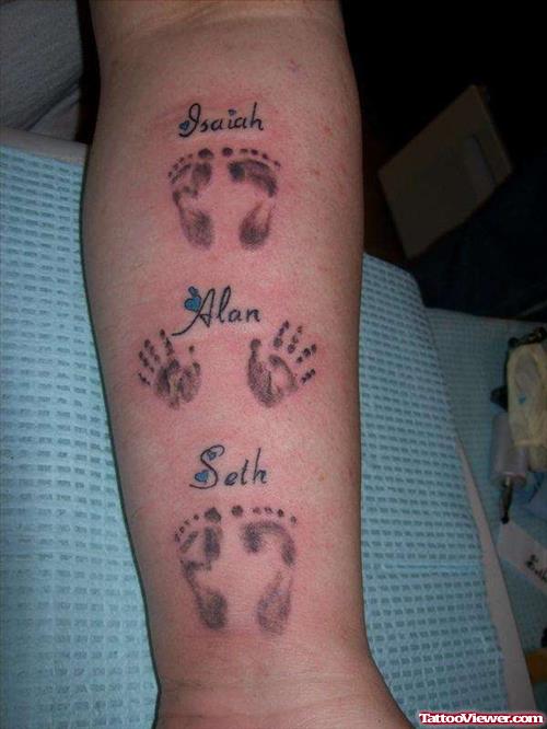 Baby Foot Prints And Hand Prints Tattoos On Arm