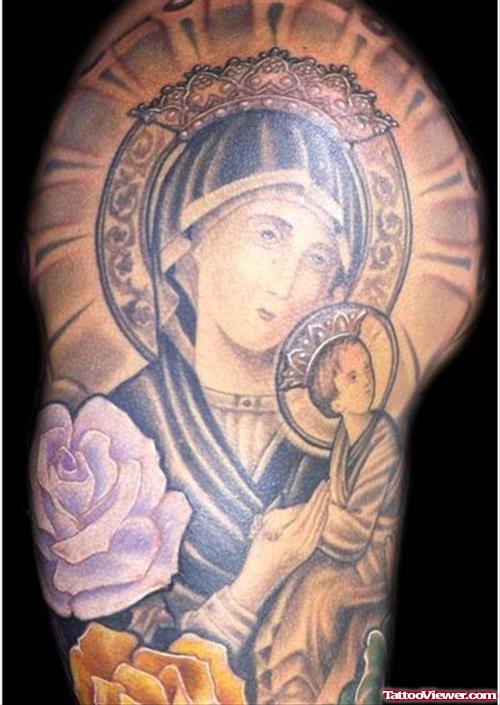 Virgin Mary and Baby Jesus Tattoo On Right Half Sleeve