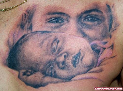 Grey Ink Mother And Baby Tattoo