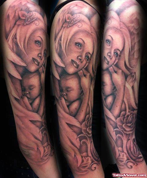Grey Ink Girl With Baby Tattoo On Sleeve