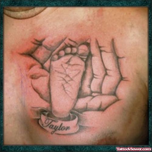 Grey Ink Baby Foot In Hands Tattoo On Chest