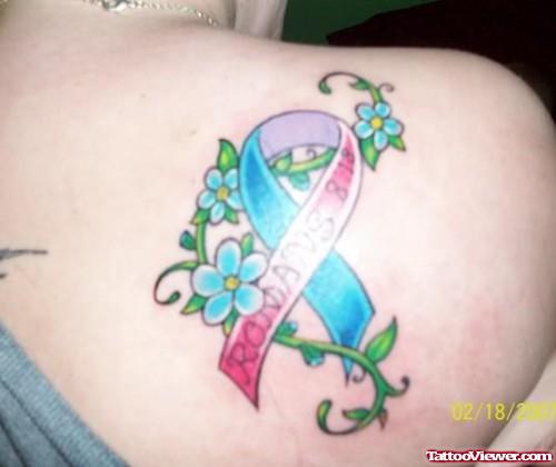 Blue Flowers and Baby Ribbon Tattoo On Back Shoulder