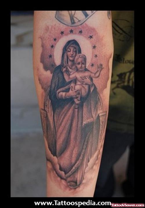 Virgin Mary With Baby Tattoo On Arm