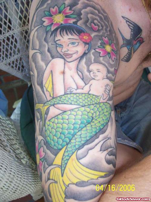 Mermaid With Baby Tattoo On Right Half Sleeve