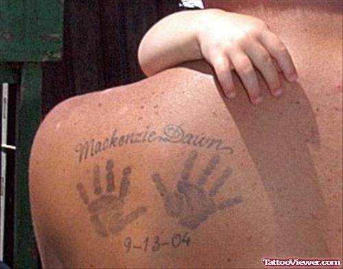 Grey Ink Memorial Baby Handprints Tattoo On Back Shoulder