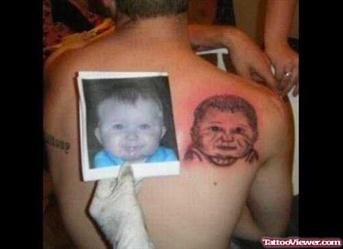Baby Portrait Tattoo On Right Back Shoulder