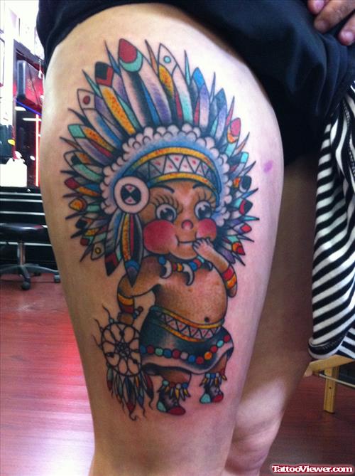 Baby Native American Tattoo On Right Leg