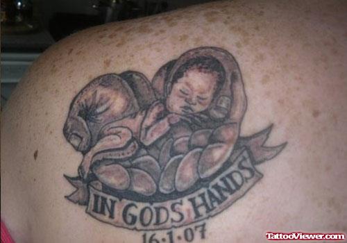 In God Hands Banner And Baby Angel Tattoo