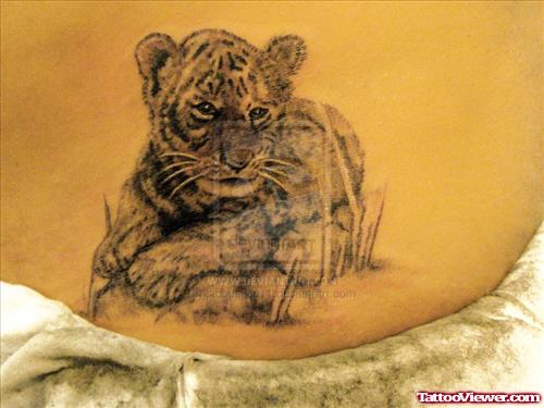 Grey Ink Baby Tiger Tattoo On Lowerback