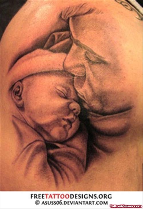 Grey Ink Baby Tattoo On Half Sleeve