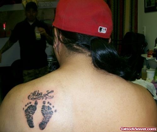 Baby Name And Feet Tattoos On Back Shoulder