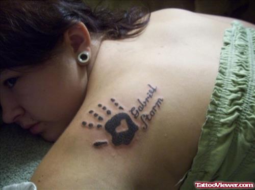 Baby Handprint Tattoo On Girl Left Back Shoulder
