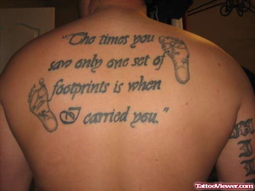 Baby Feet And Quote Tattoo On Back