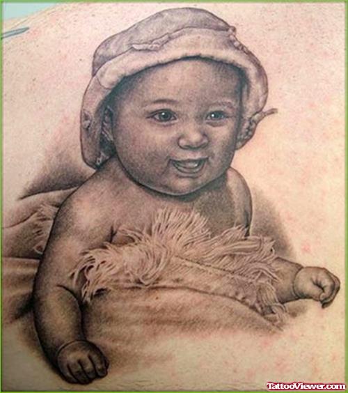 Attractive Grey Ink Baby Angel Tattoo