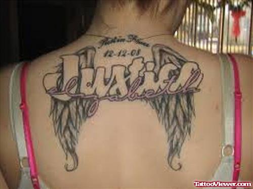 Memorial Winged Justice Tattoo On Upperback
