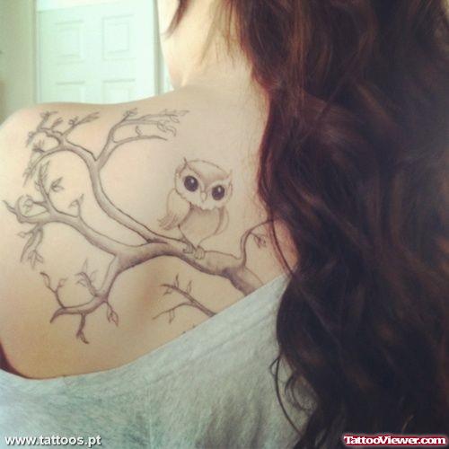 Grey Ink Owl Baby Tattoo On Left Back Shoulder