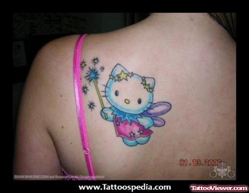 Colored Baby Hello Kitty Tattoo On Back Shoulder