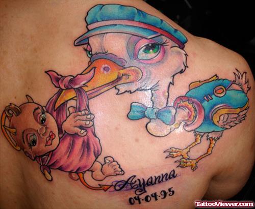 Colored Duck And Baby Memorial Tattoo On Right Back Shoulder