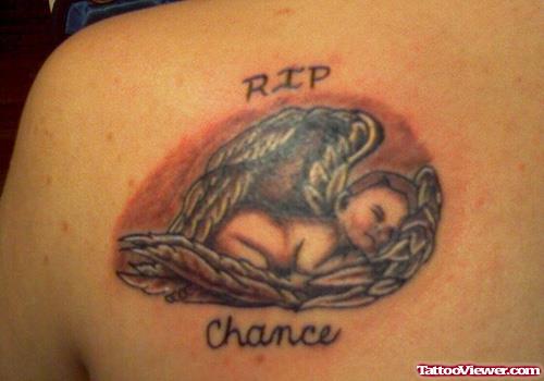 Rip Angel Baby Tattoo On Left Back Shoulder