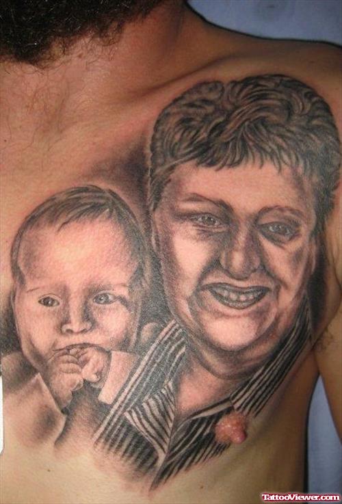 Mother And Baby Portraits Tattoos On Chest