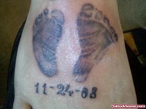 Memorial Grey Ink Baby Footprints Tattoos On Foot