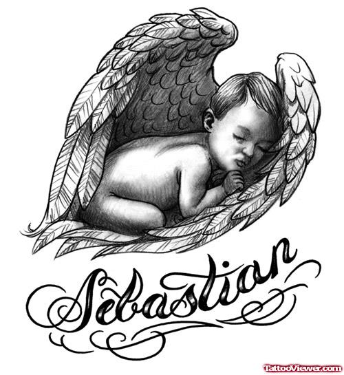 Grey Ink Baby Angel Tattoo Design