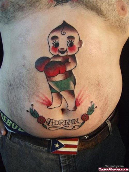 Colored Boxer Baby Tattoo On Belly