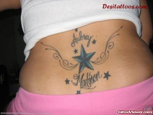 Blue Nautical Star And Baby Names Tattoo On Lowerback