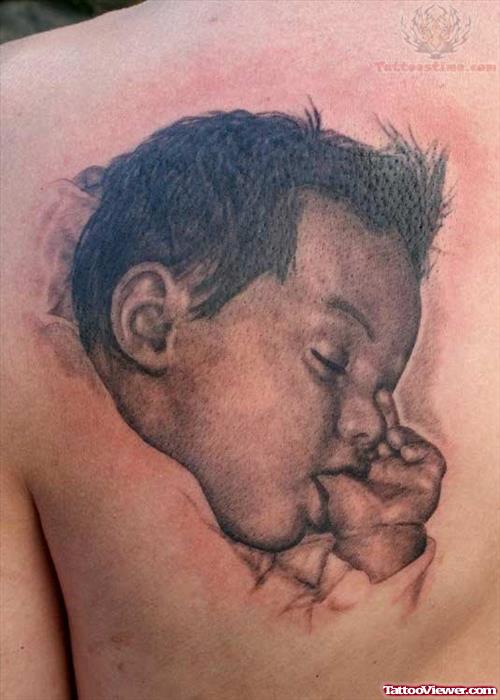 Sleeping Baby Tattoo On Back Shoulder