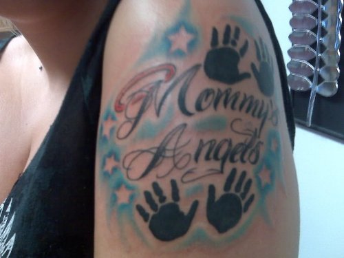Mommy Angels And Baby Handprints Tattoo On Left Shoulder